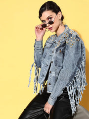 Women Embellished Blue Full Sleeve Jacket