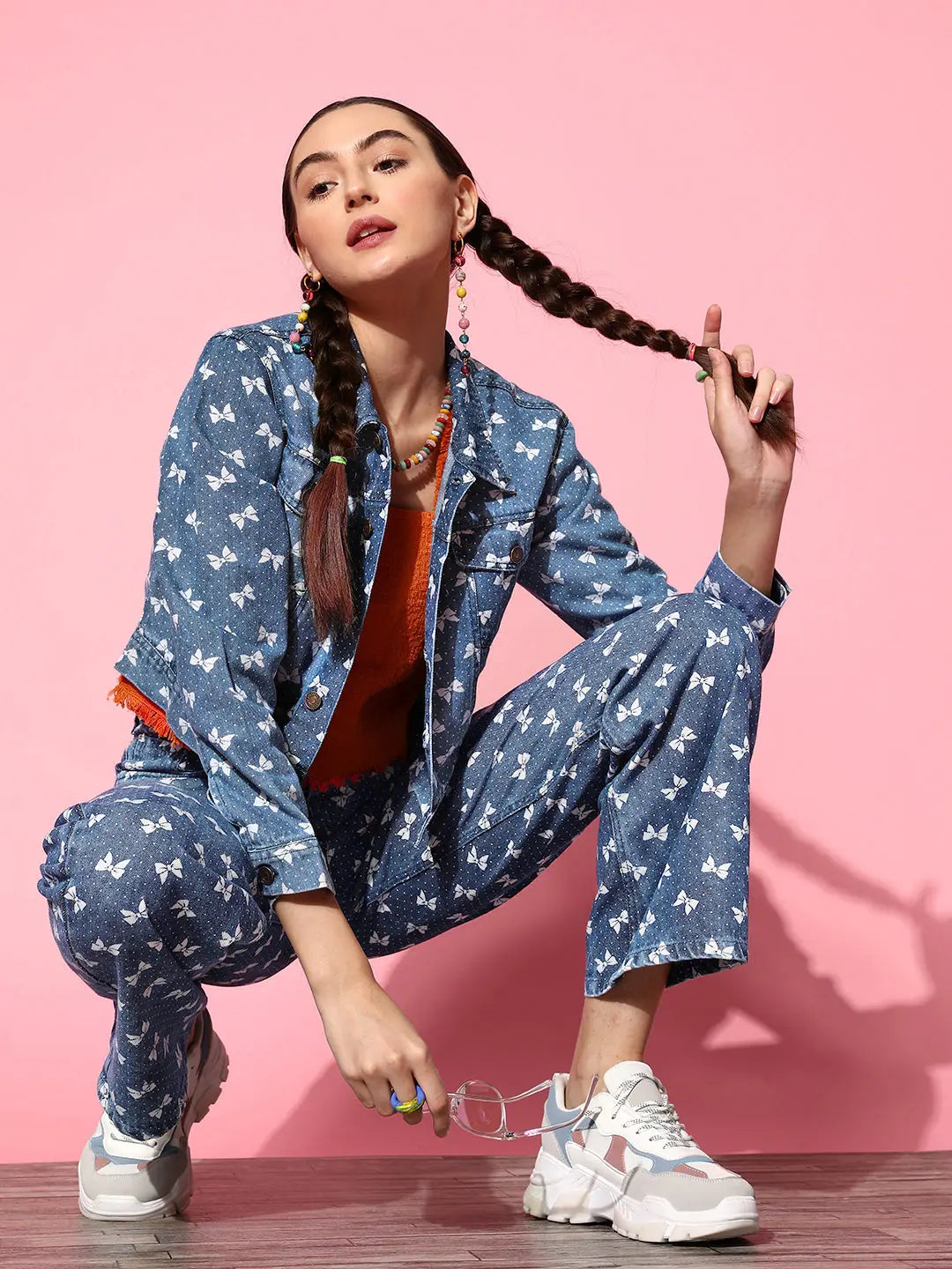 Blue Bow Print Straight Jeans | Women's Western Wear