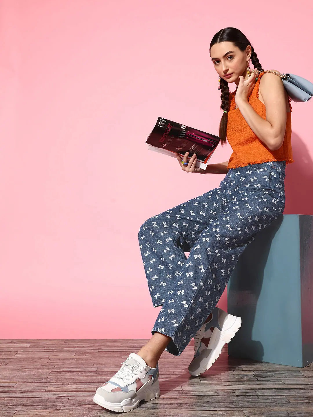 Blue Bow Print Straight Jeans | Women's Western Wear