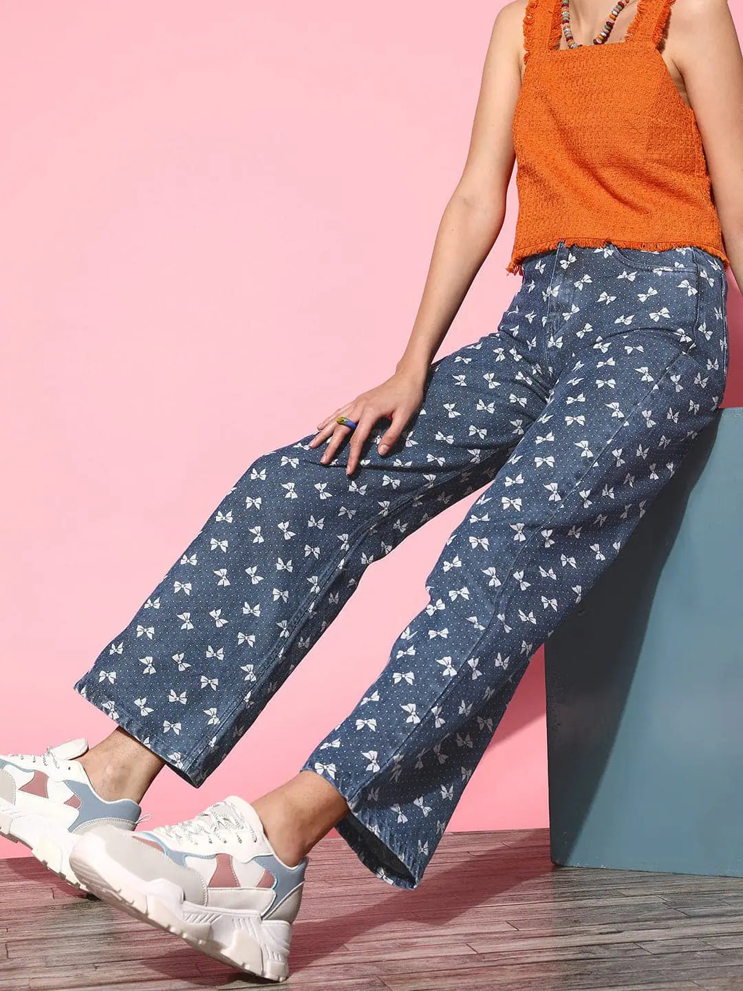 Blue Bow Print Straight Jeans | Women's Western Wear