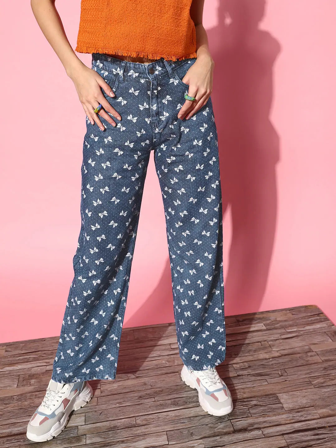 Blue Bow Print Straight Jeans | Women's Western Wear