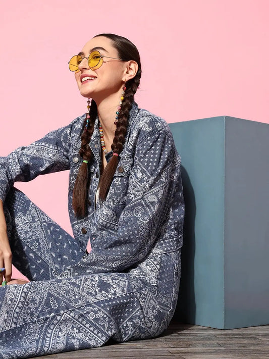 Women Printed Blue Full Sleeve Jacket 1080