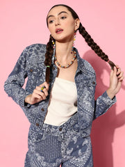 Women Printed Blue Full Sleeve Jacket