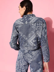 Women Printed Blue Full Sleeve Jacket
