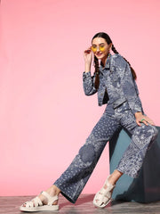 Women Printed Blue Full Sleeve Jacket