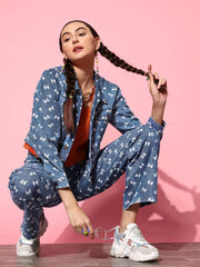 Women Printed Blue Full Sleeve Jacket
