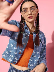 Women Printed Blue Full Sleeve Jacket