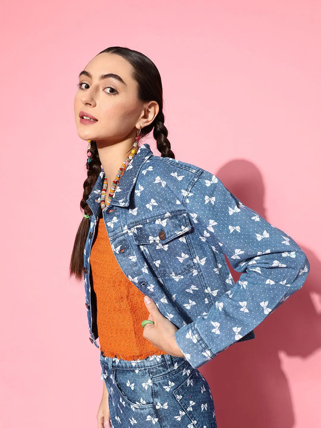 Bow Print Blue Denim Jacket | Women's Trendy Outerwear