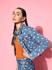 Women Printed Blue Full Sleeve Jacket