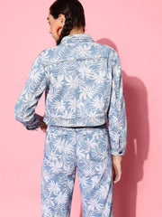 Women Printed Blue Full Sleeve Jacket