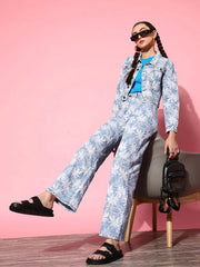 Women Printed Blue Full Sleeve Jacket