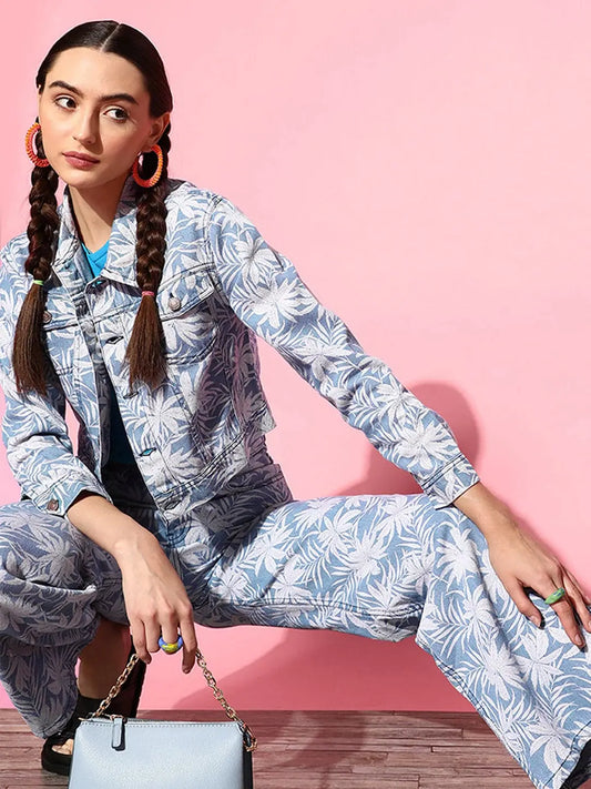 Women Printed Blue Full Sleeve Jacket 1080