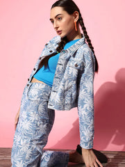 Women Printed Blue Full Sleeve Jacket