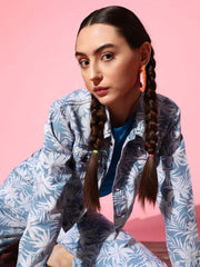 Women Printed Blue Full Sleeve Jacket