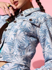 Women Printed Blue Full Sleeve Jacket