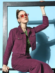 Women Solid Purple Full Sleeve Jacket