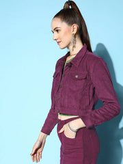 Women Solid Purple Full Sleeve Jacket