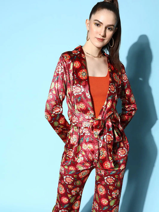 Women Printed Maroon Full Sleeve Jacket 1080