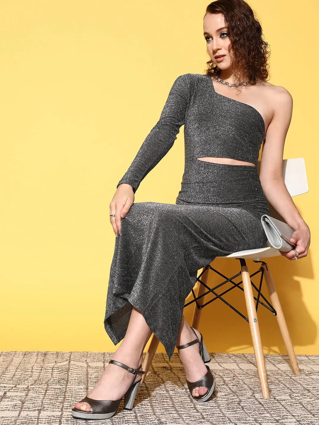 Silver Lurex Cut-Out Dress | Women's One Shoulder Midi Dress