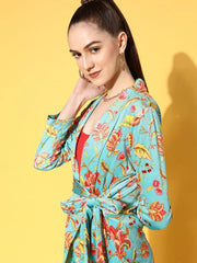 Women Printed Turquoise Full Sleeve Jacket