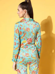 Women Printed Turquoise Full Sleeve Jacket