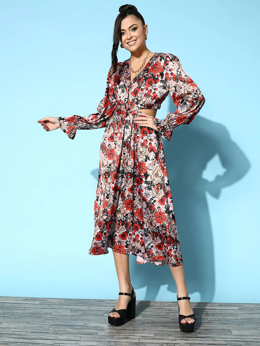 Red Floral Satin Side Cut Out Dress - Women's Midi Length