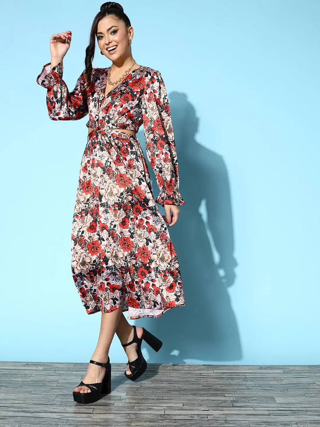 Red Floral Satin Side Cut Out Dress - Women's Midi Length