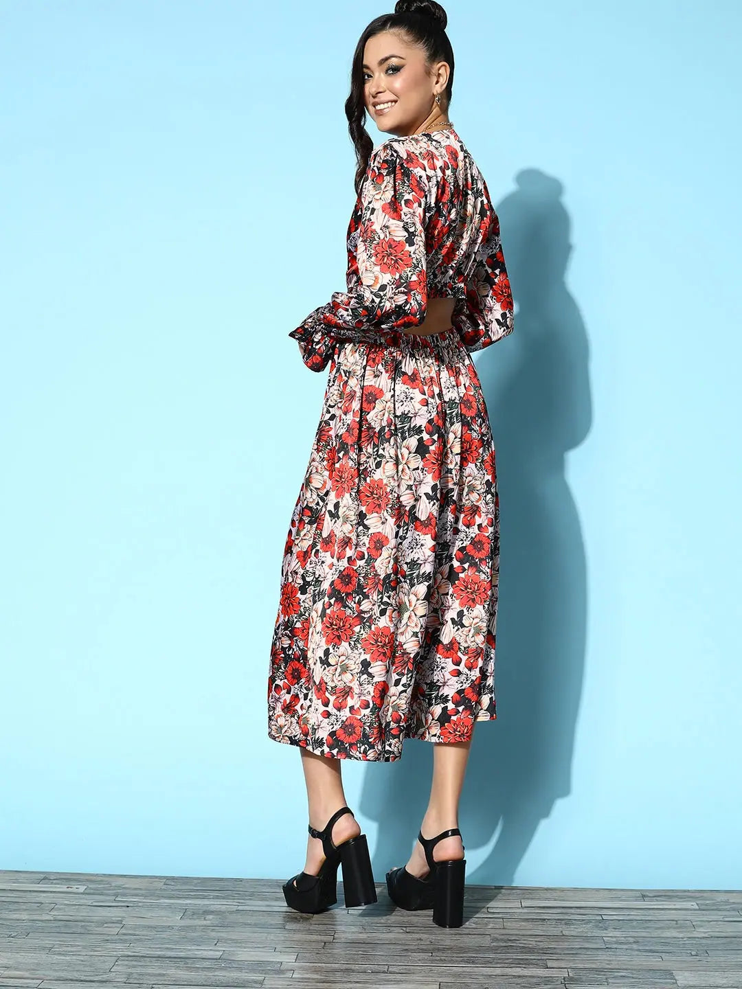 Red Floral Satin Side Cut Out Dress - Women's Midi Length