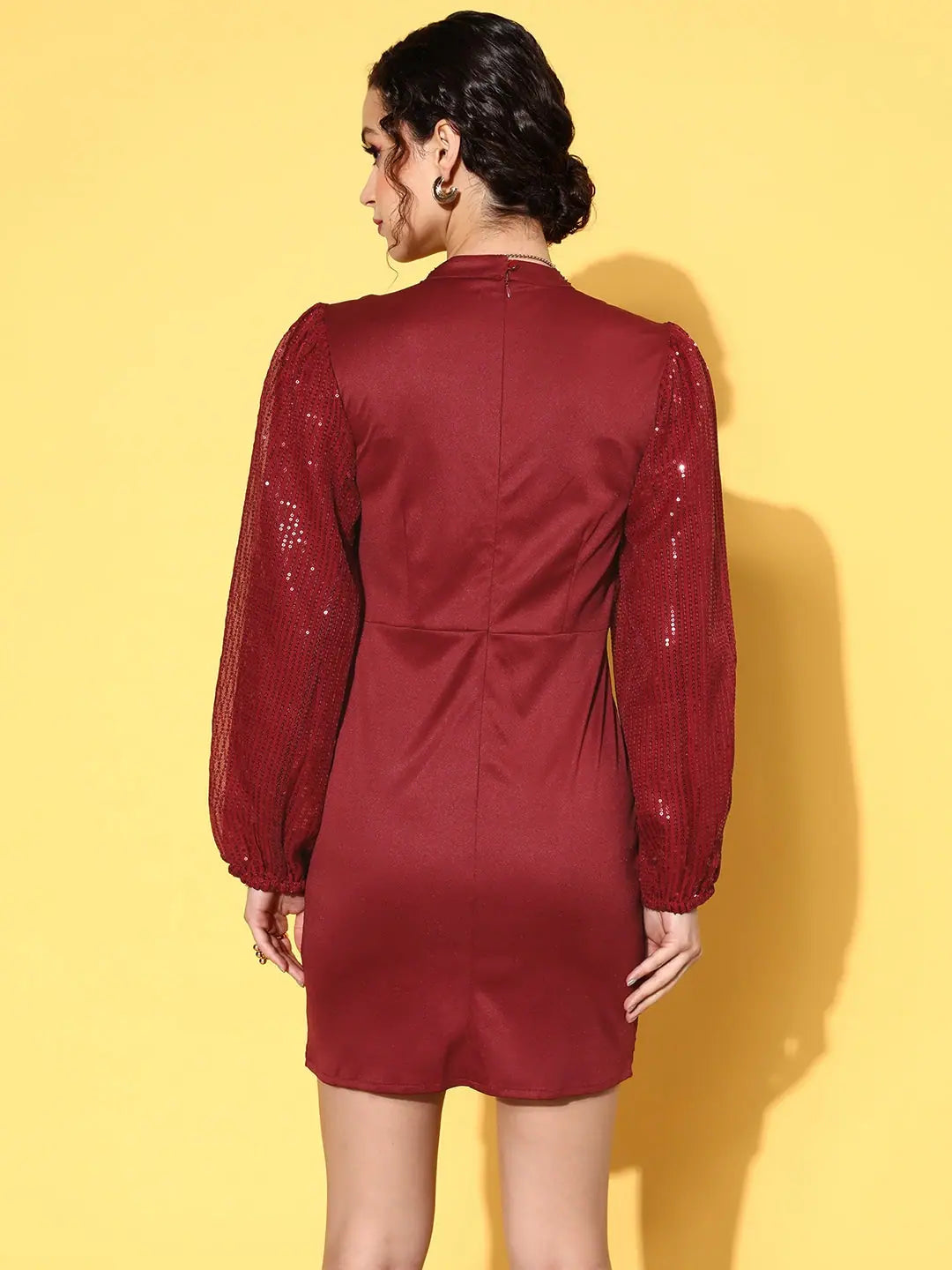 Maroon Sequin Puff Sleeve Bodycon Dress | Women's Lehenga