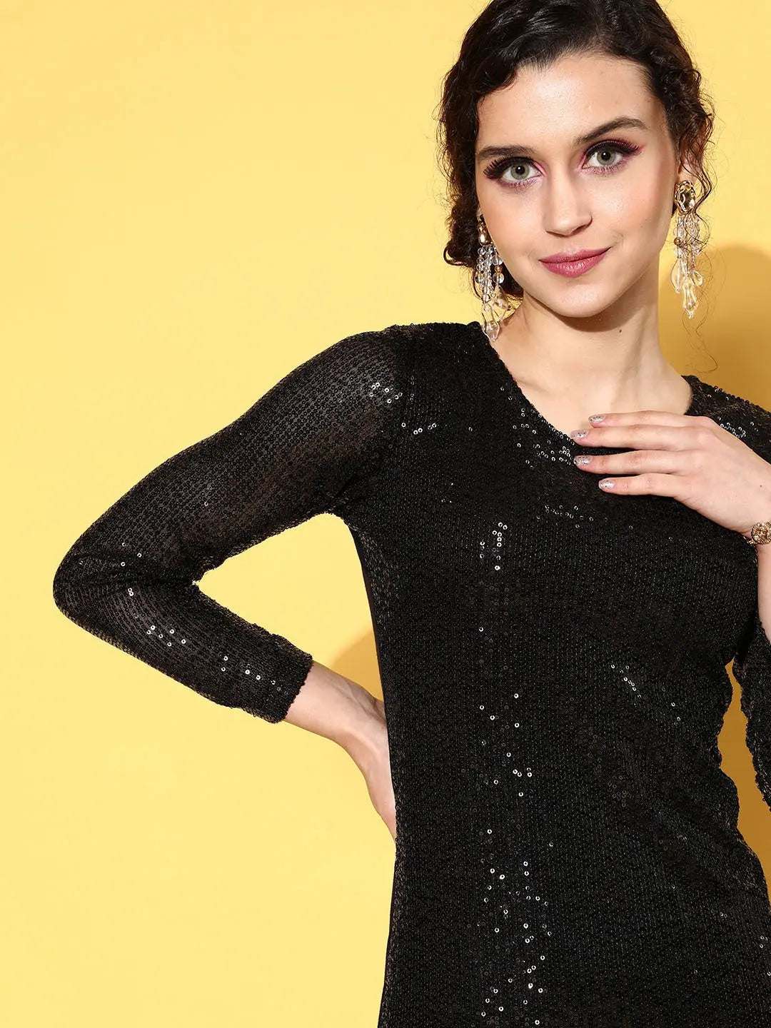 Black Sequin Bodycon Midi Dress | Embroidered, Slim Fit Black / XS Black Sequin Bodycon Midi Dress | Embroidered, Slim Fit Black / XS