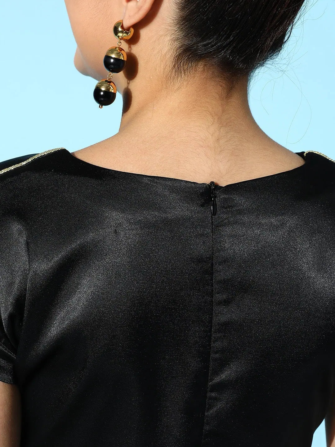 Black Lycra Satin Ruched Mini Dress | Gold Piping Detail