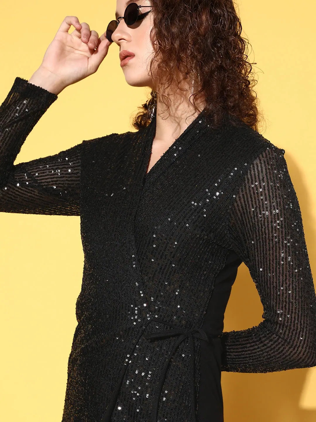 Black Sequin Wrap Mini Dress | Embroidered, Tie Closure