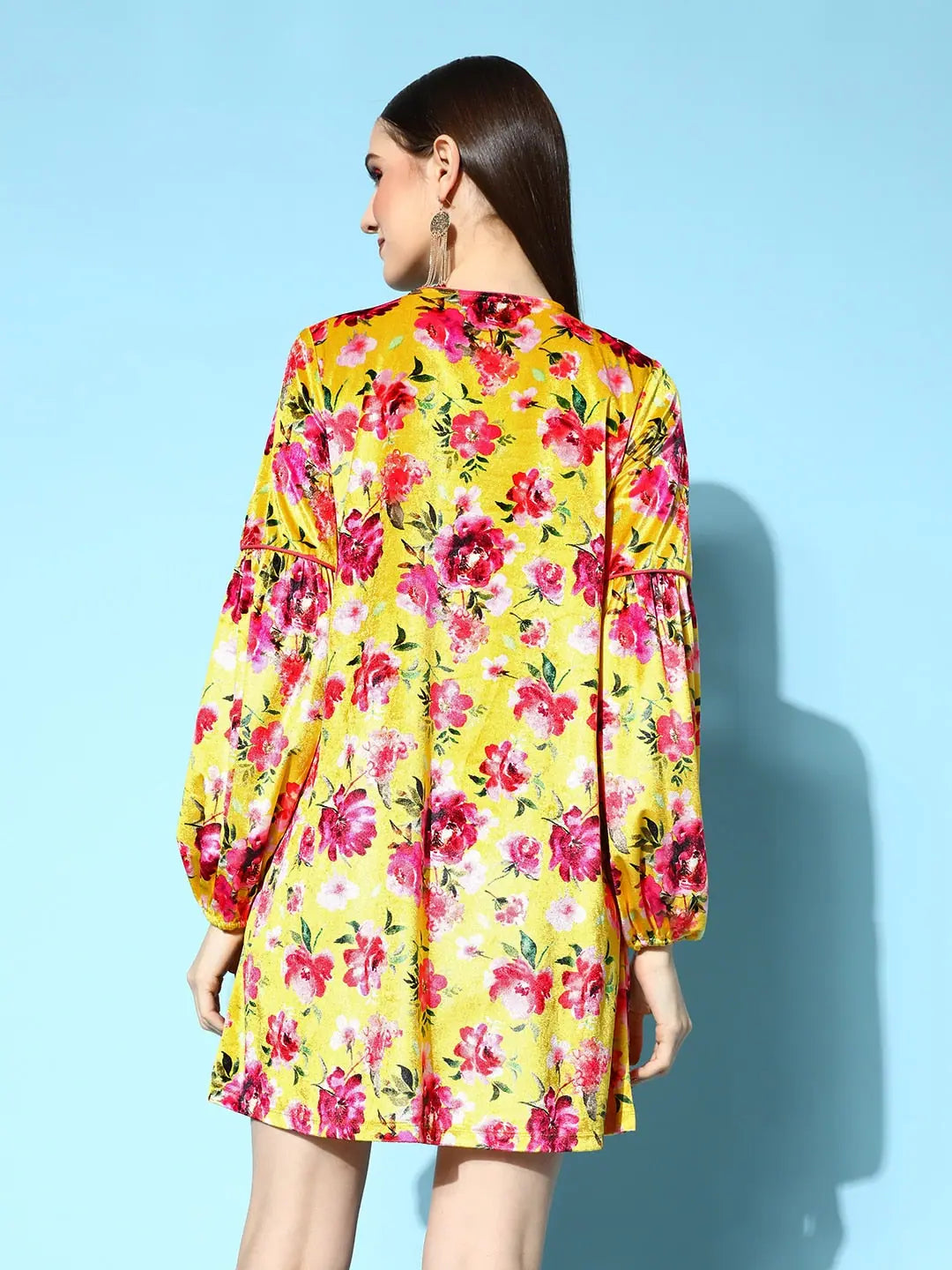 Yellow Floral Velvet Skater Dress | Tie-Up, Above Knee