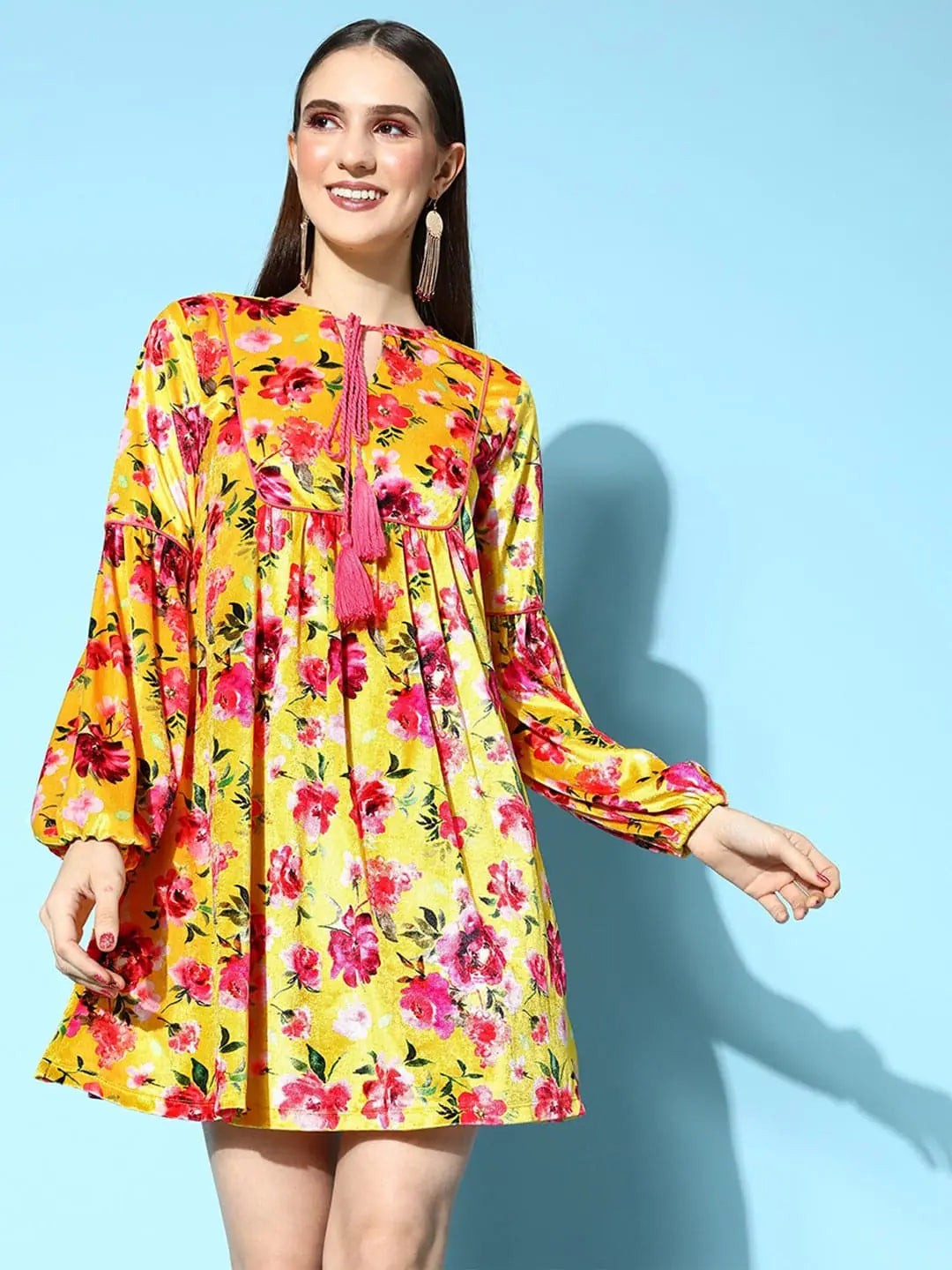 Yellow Floral Velvet Skater Dress | Tie-Up, Above Knee
