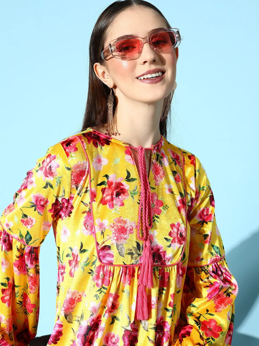 Yellow Floral Velvet Skater Dress | Tie-Up, Above Knee