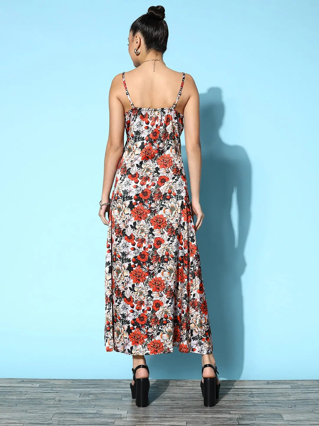 Red Satin Floral Midi Dress - Women's Lehenga Style Gown