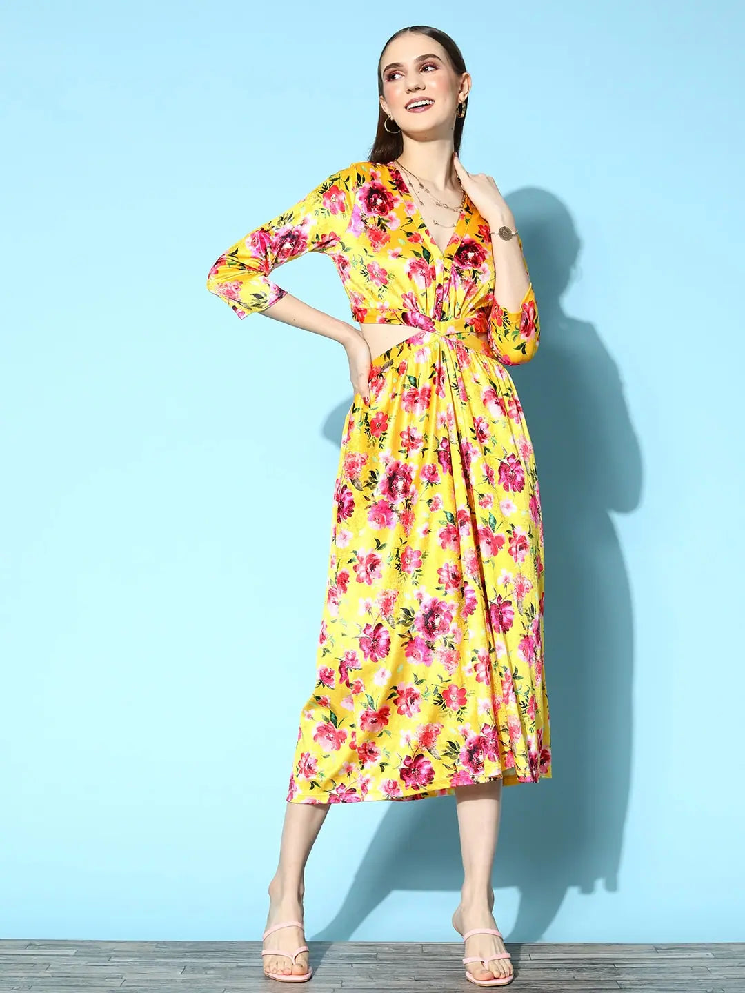 Yellow Floral Velvet Midi Dress - Women's Lehenga Look