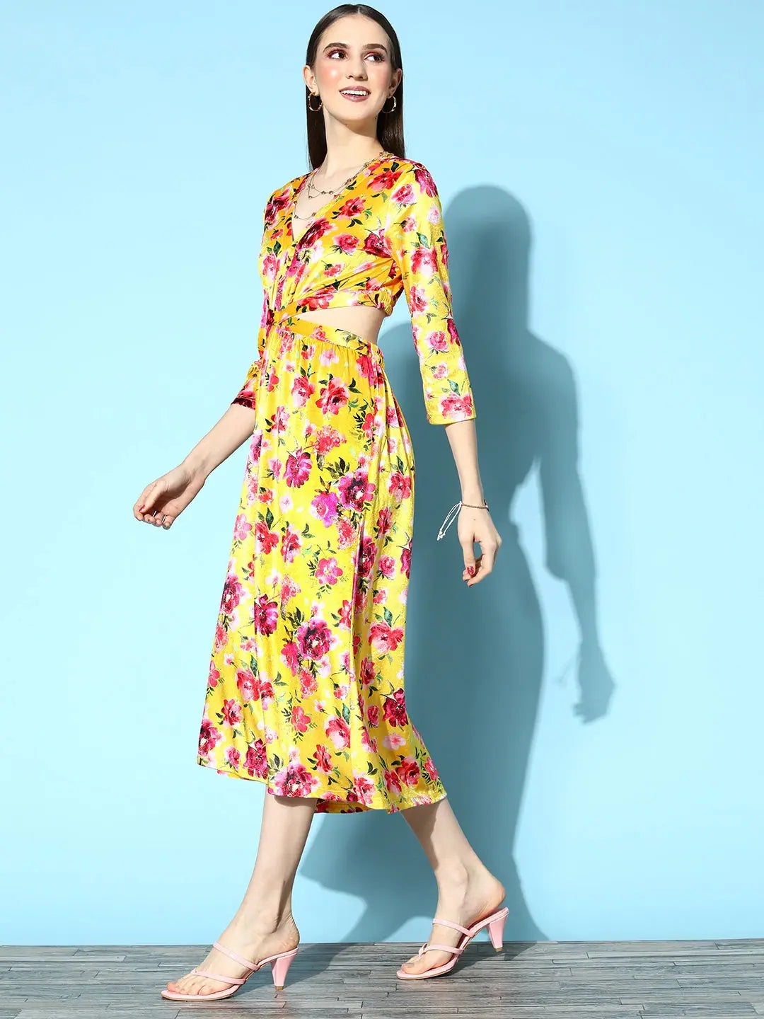 Yellow Floral Velvet Midi Dress - Women's Lehenga Look