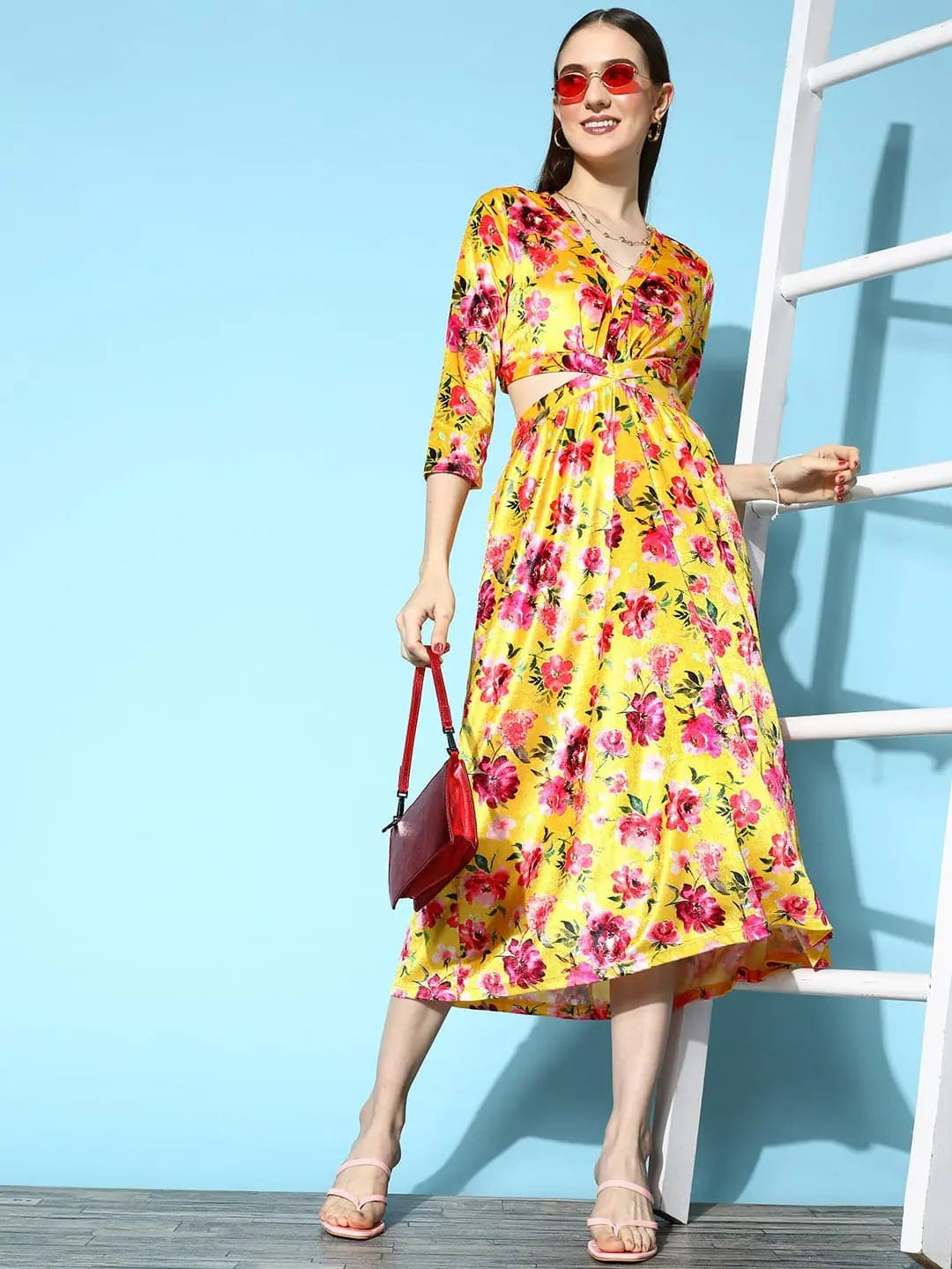 Yellow Floral Velvet Midi Dress - Women's Lehenga Look