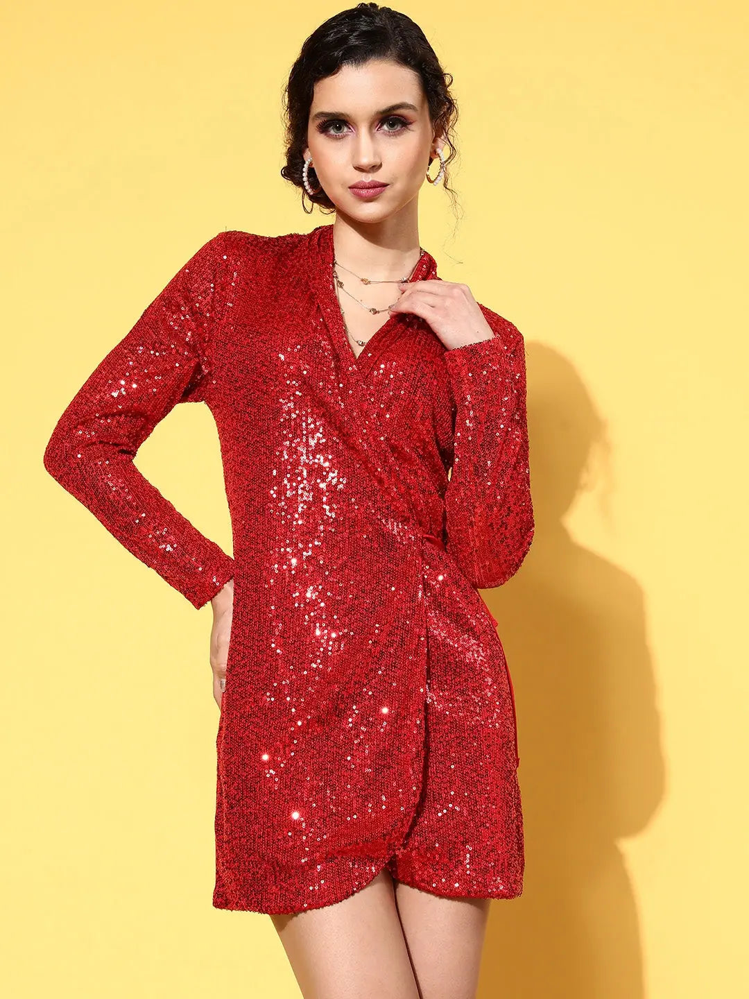 Red Sequin Mini Dress - Women's Party Wear, Wrap Dress