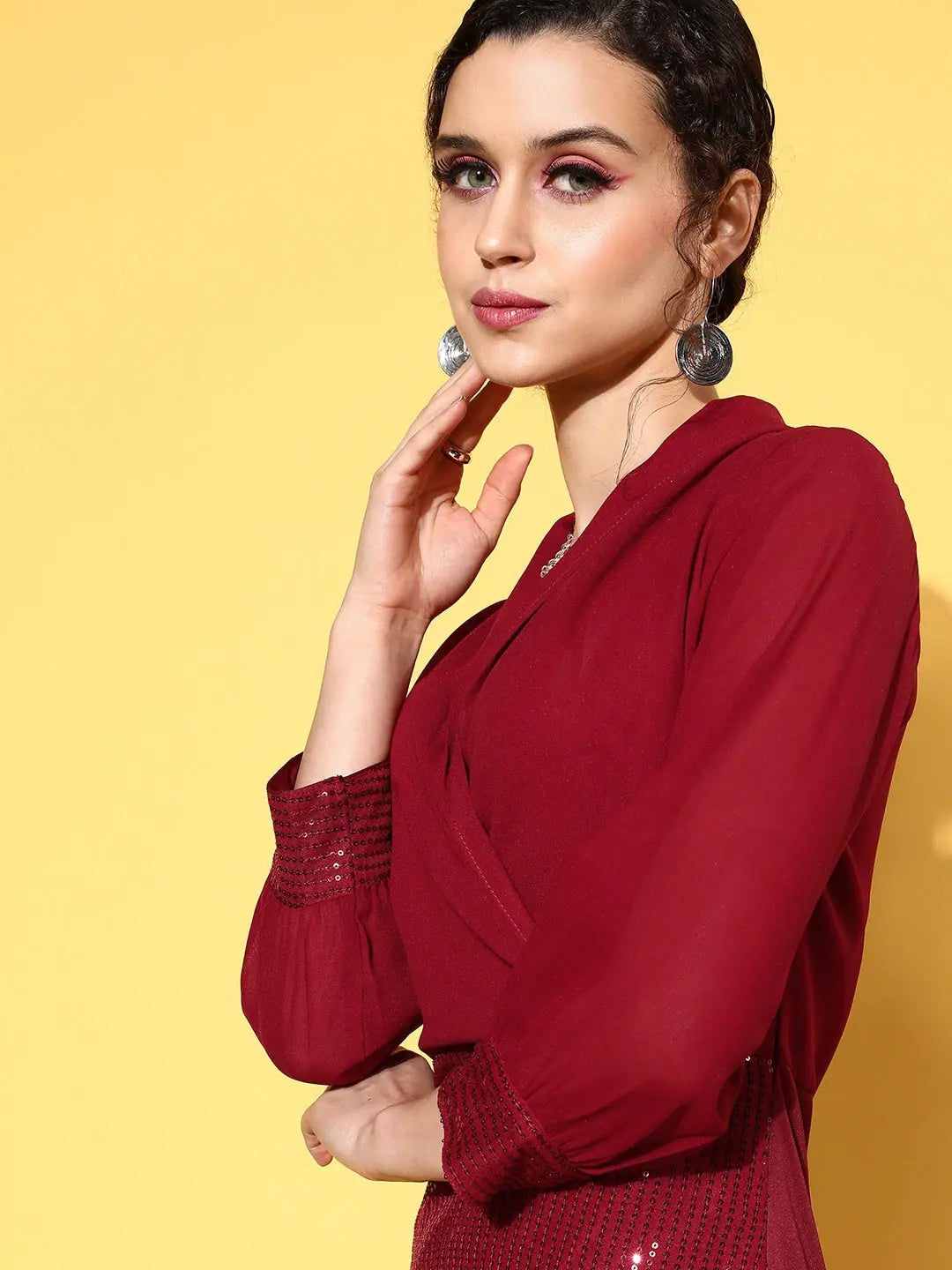 Maroon Sequin Wrap Dress - Party Wear Lehenga For Women