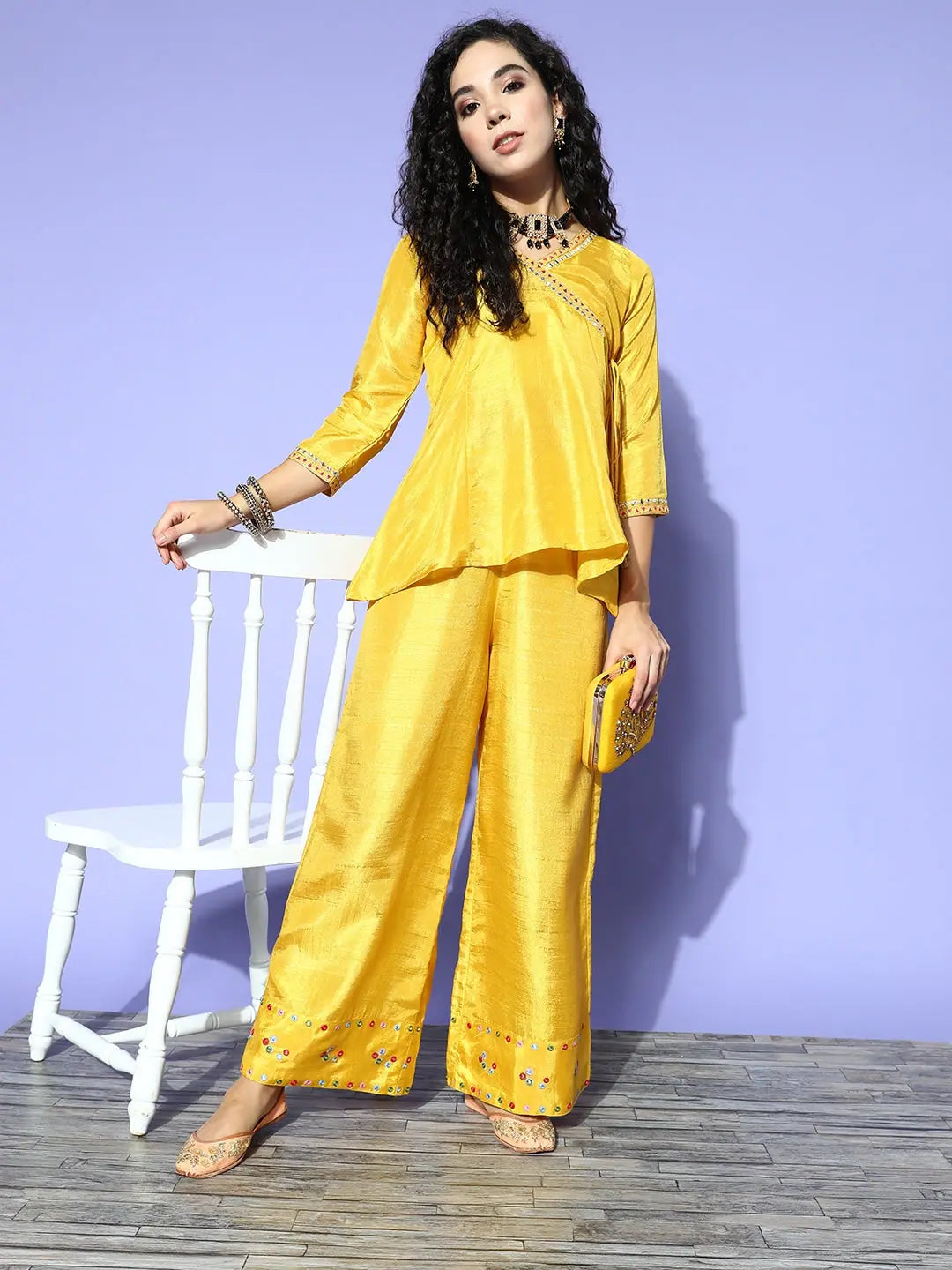 Mustard Mirror Embroidered Palazzo Pants Set for Women