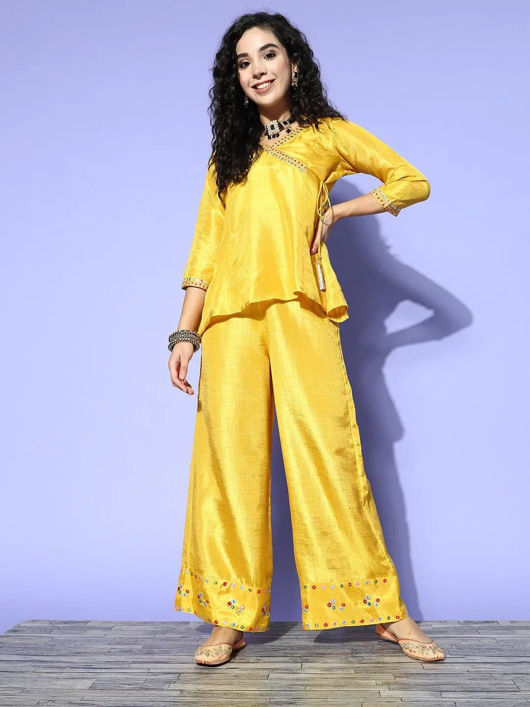Mustard Mirror Embroidered Palazzo Pants Set for Women