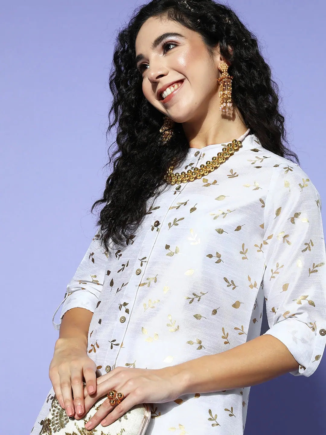 White Chanderi Gold Foil Kurta Set | Designer Kurta Sets