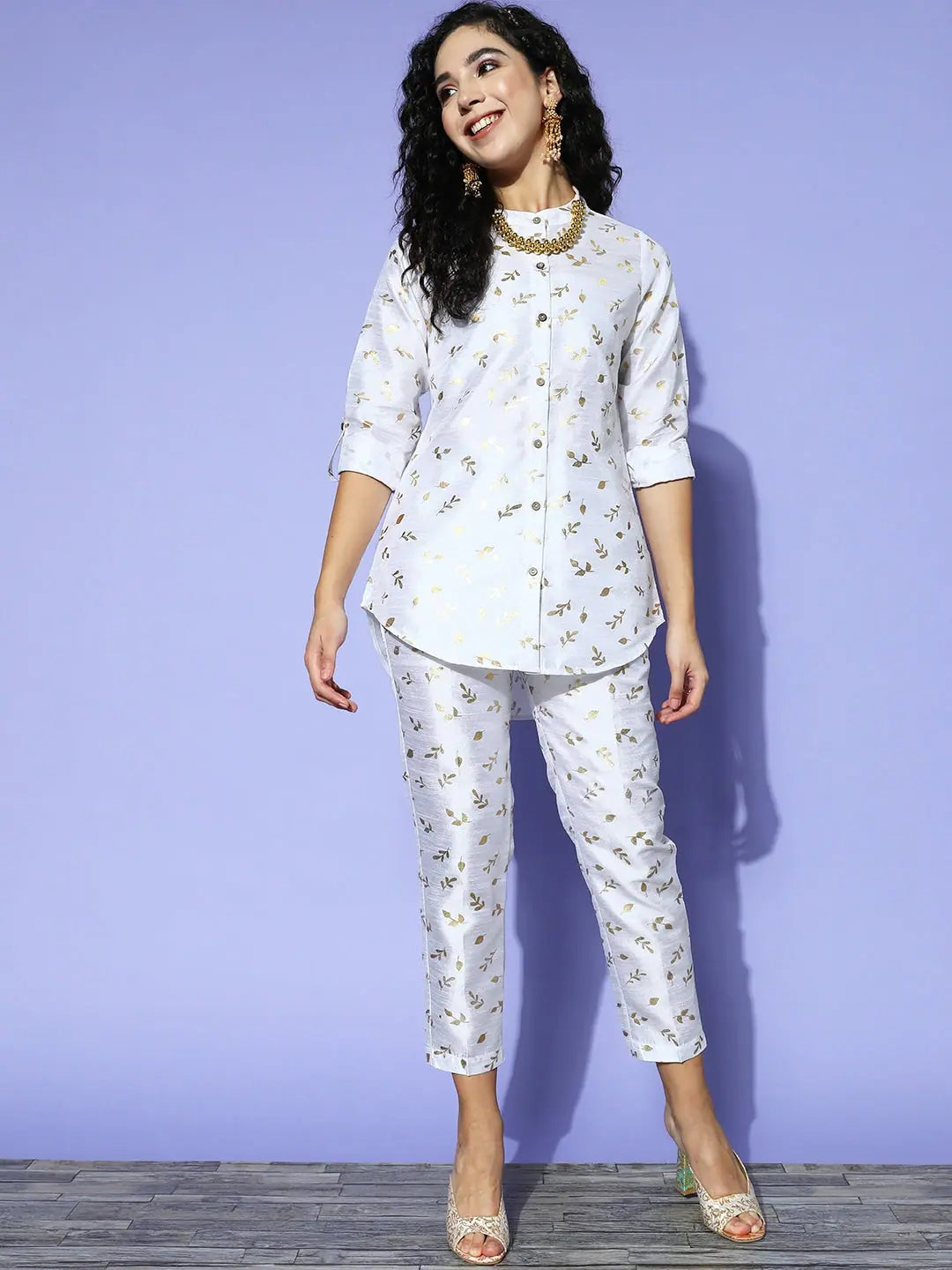 White Chanderi Gold Foil Kurta Set | Designer Kurta Sets