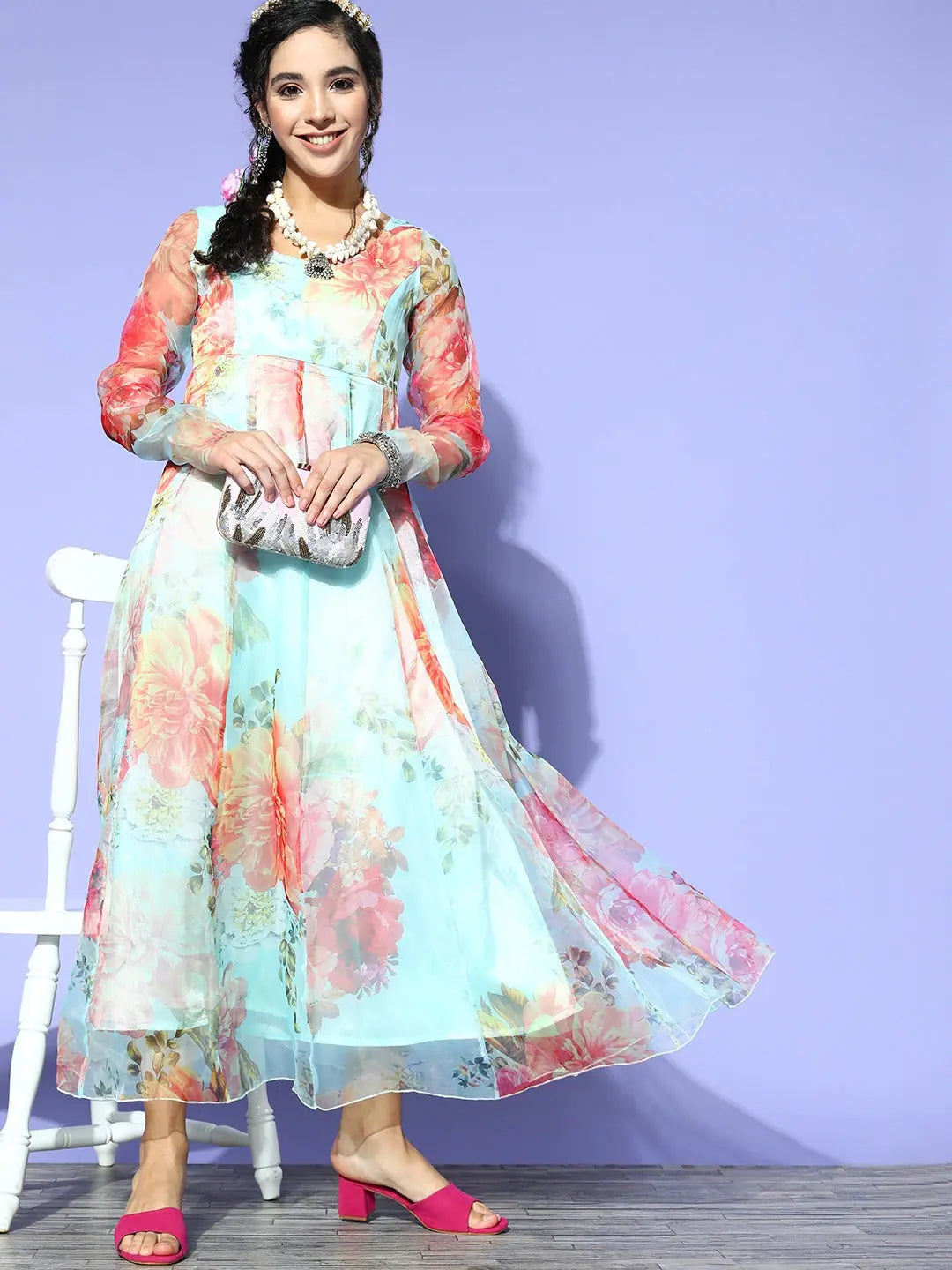 Sea Green Floral Anarkali Dress | Organza Maxi Gown for Women