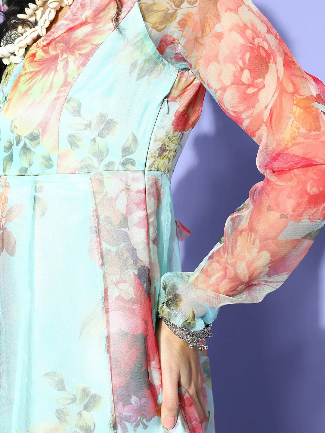 Sea Green Floral Anarkali Dress | Organza Maxi Gown for Women