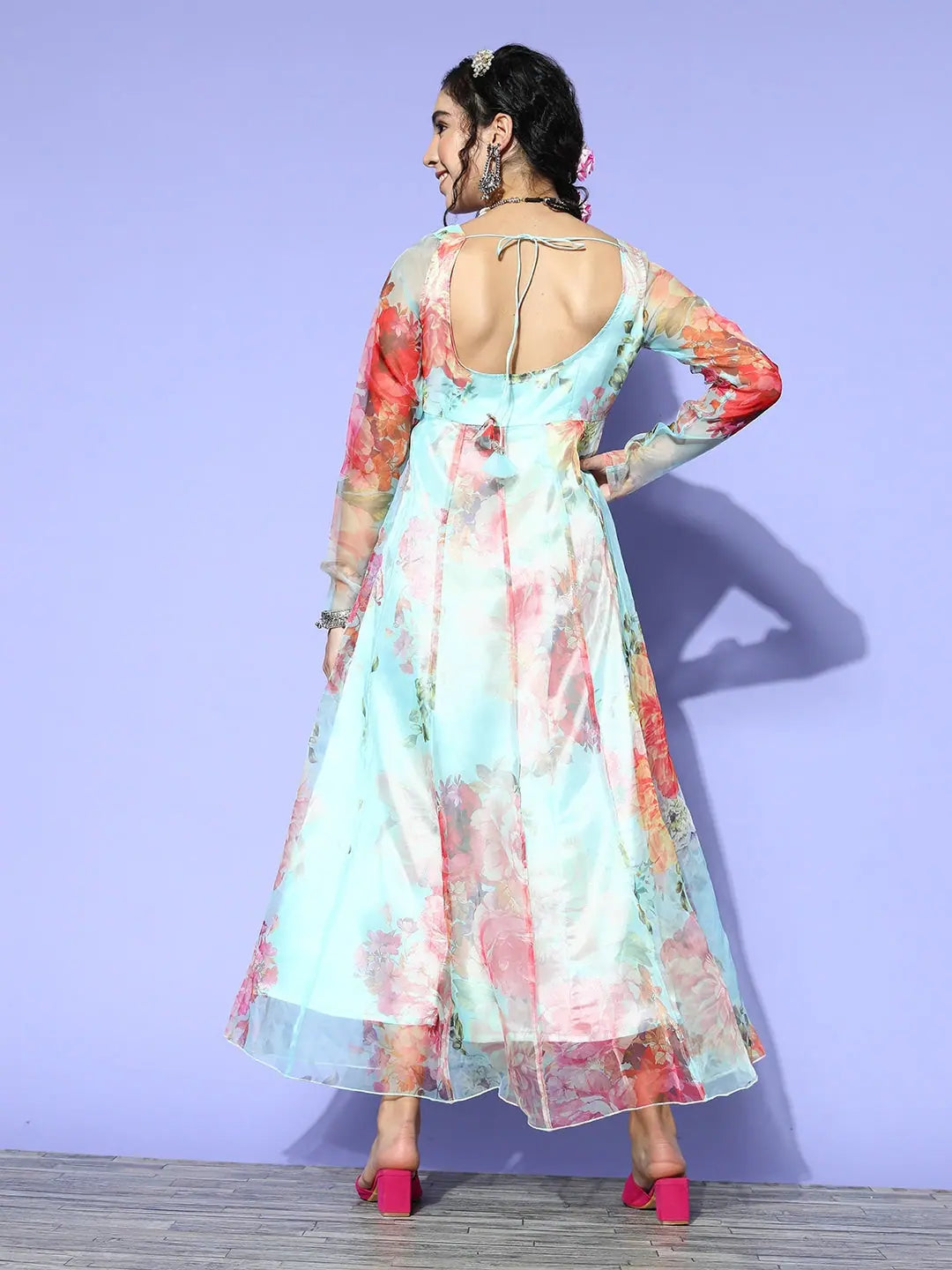 Sea Green Floral Anarkali Dress | Organza Maxi Gown for Women