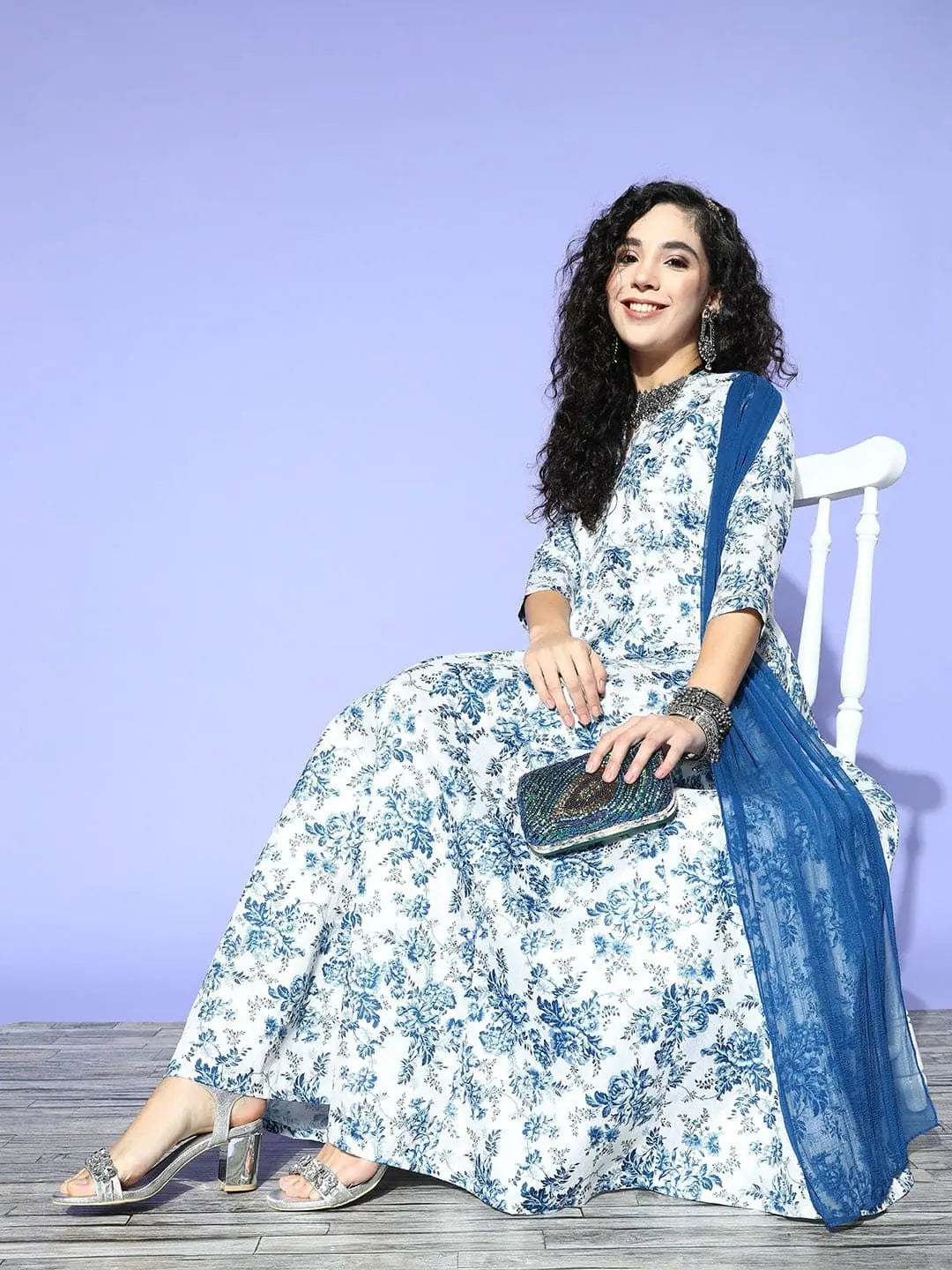 Blue Floral Chanderi Indian Dresses Online - Maxi Dress