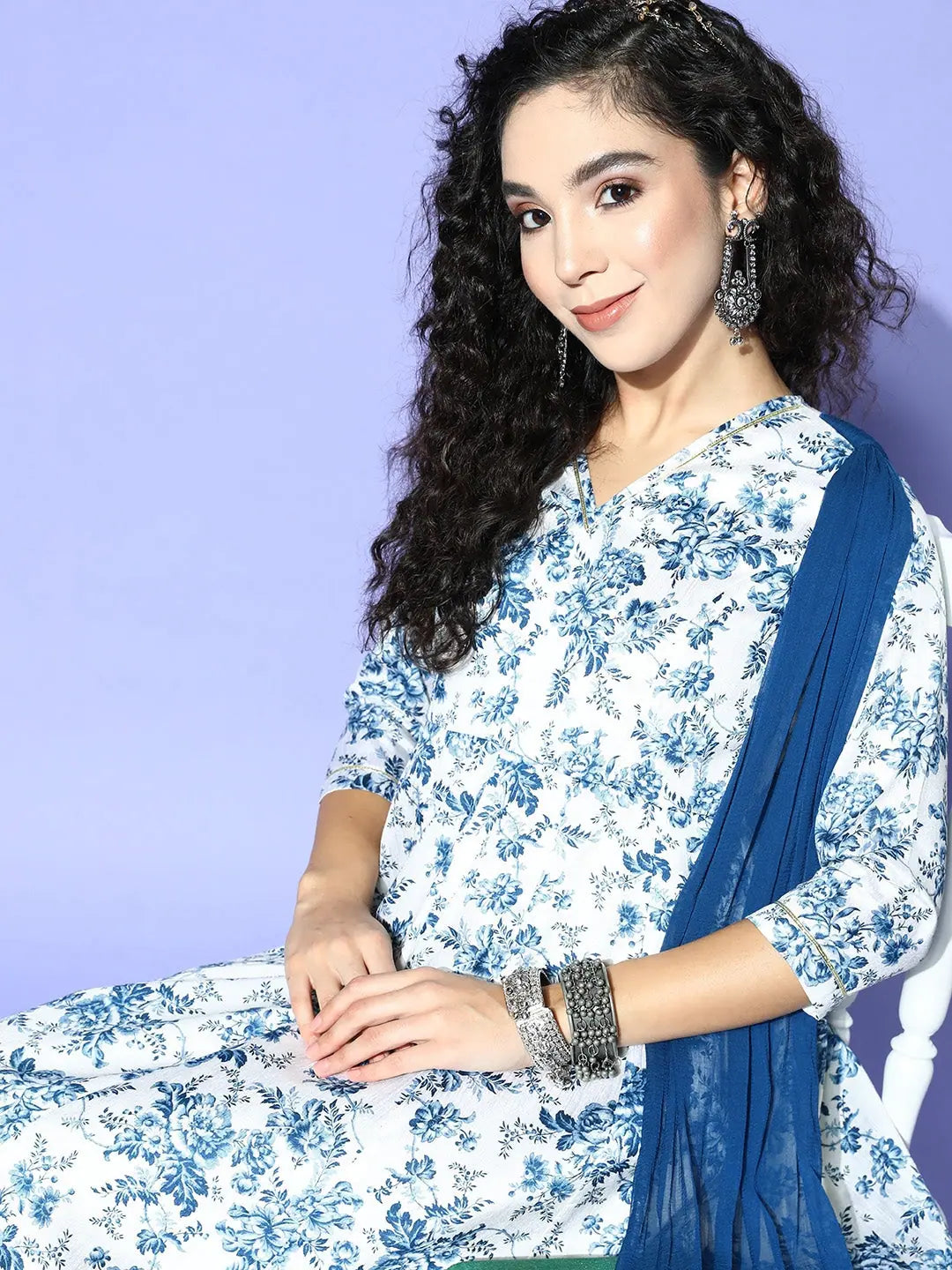 Blue Floral Chanderi Indian Dresses Online - Maxi Dress